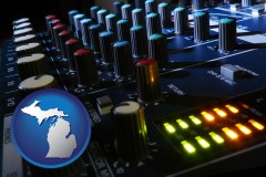 michigan map icon and a recording studio mixer
